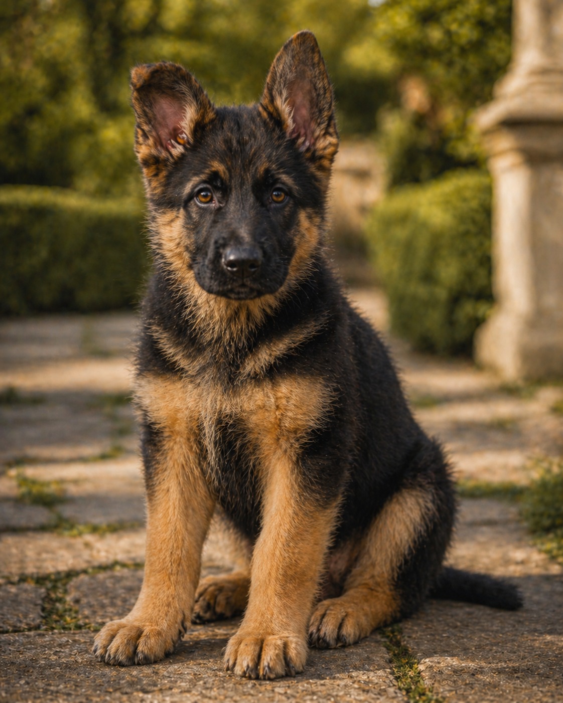 Cane as a German Shepherd puppy on a sunlit path