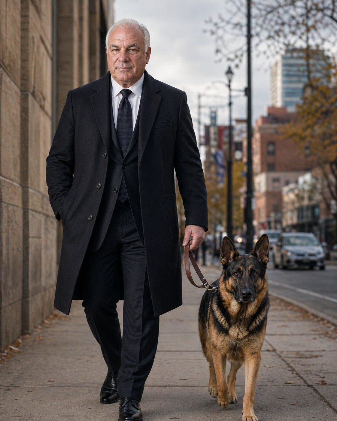 Tony Iavarone walking Cane the German Shepherd through the city