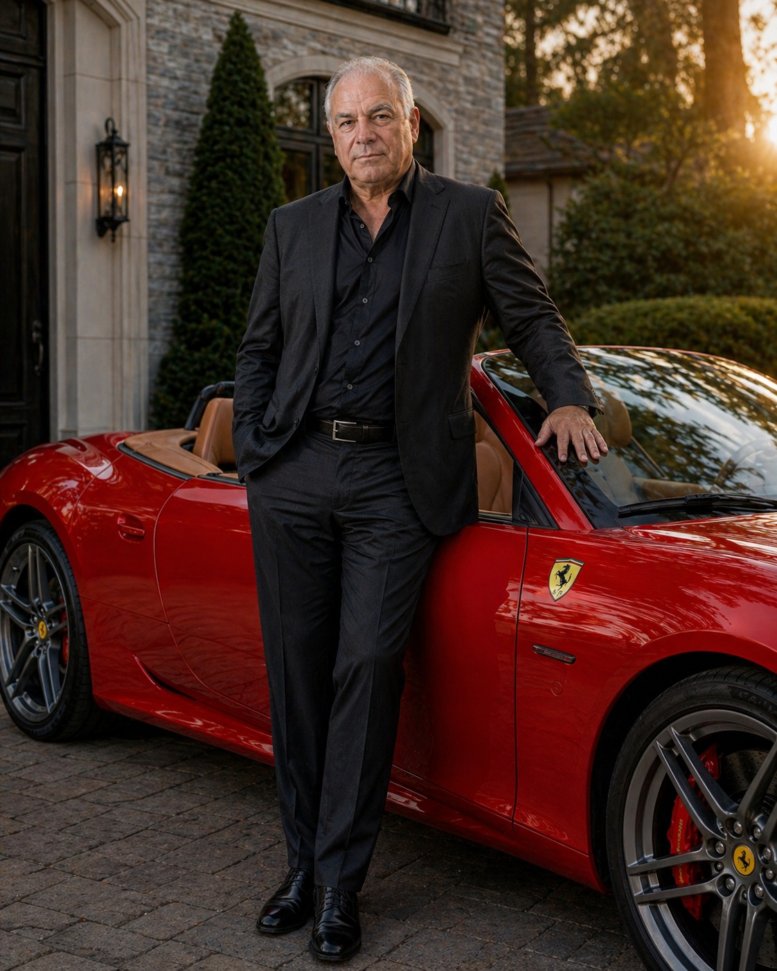 Tony Iavarone with a convertible Italian sports car at sunset