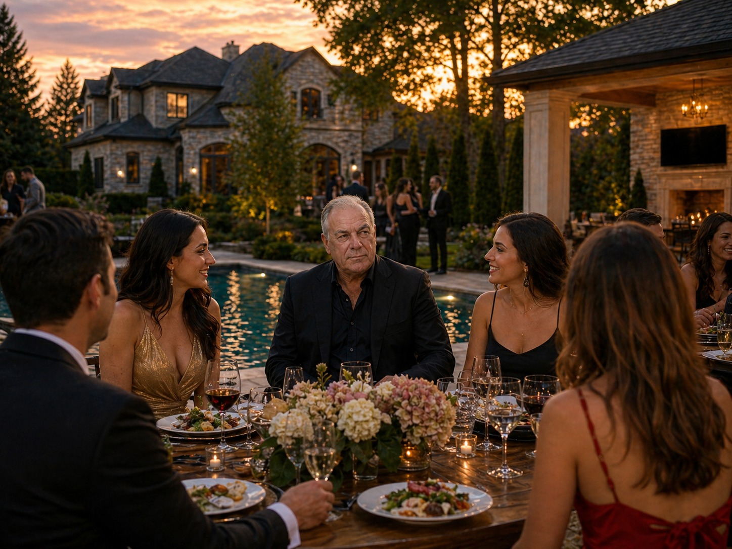 Elegant dinner party at Tony Iavarone's estate at sunset