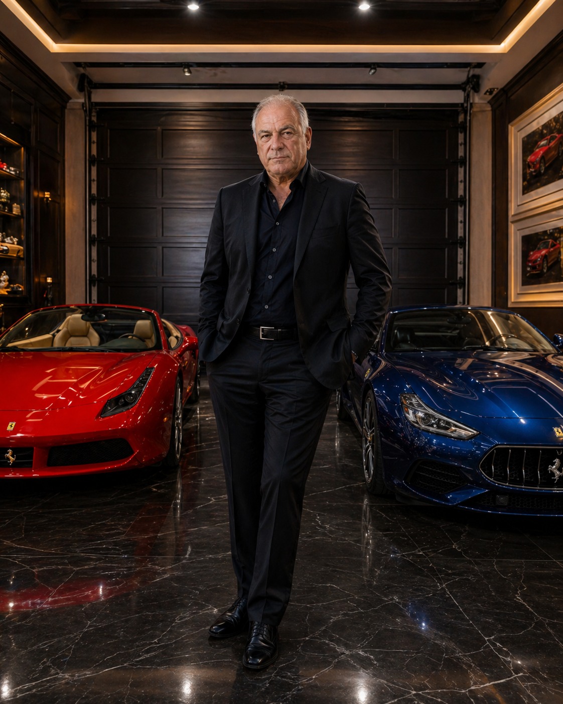 Tony Iavarone inside a refined garage with Italian luxury cars